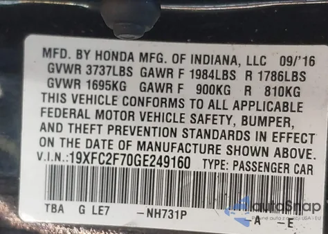 2016 Honda Civic Ex from USA, damaged, VIN 19XFC2F70GE249160